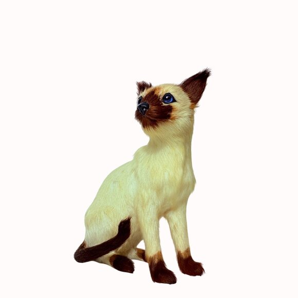 Realistic Siamese Cat Figurine Faux Fur Home Decor Collectible Blue Eyes - Picture 10 of 13
